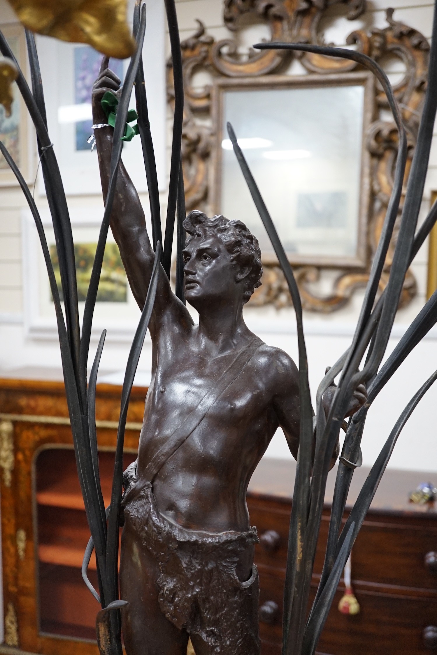 An ornate 19th century style bronze figure and iris table lamp,104 cms high